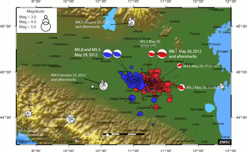 Location of the earthquakes in northern Italy