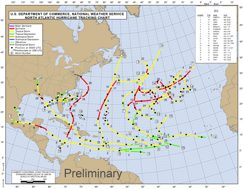 2012 Atlantic Tropical Storm and Hurricane Tracks