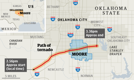 Tornado track through Moore, Oklahoma