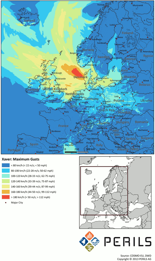 European Windstorm Xaver maximum wind gust values in km/h