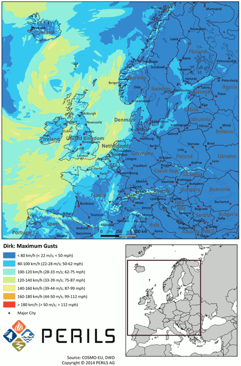 European Windstorm Dirk, maximum gust values in km/h