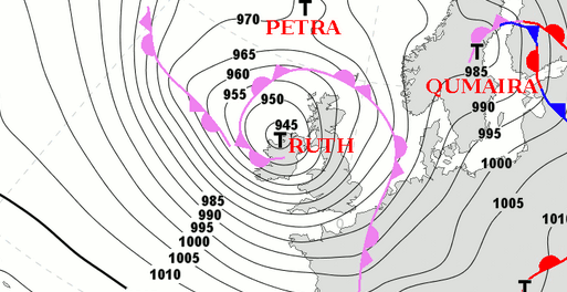 European windstorm Ruth isobar pressure map