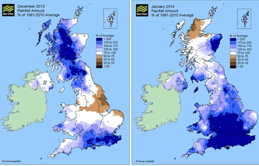 UK rainfall levels in December and January, leading to flooding