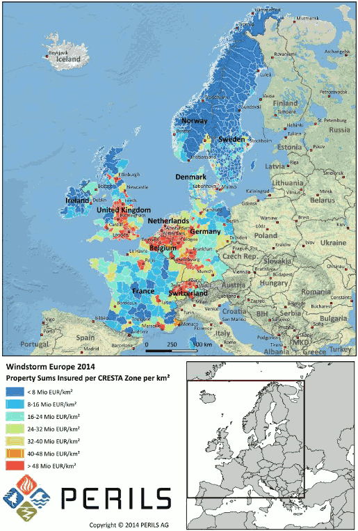 PERILS AG 2014 European Windstorm Exposure Property Sums Insured Map