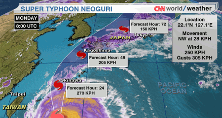 Super typhoon Neoguri heads for Okinawa and Kyushu, Japan