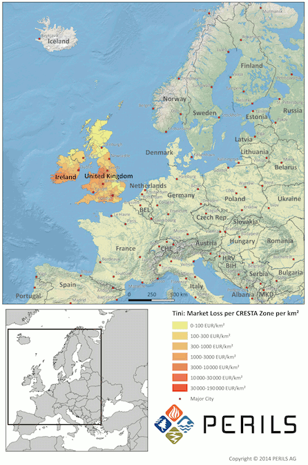 European windstorm Tini map of loss estimate footprint