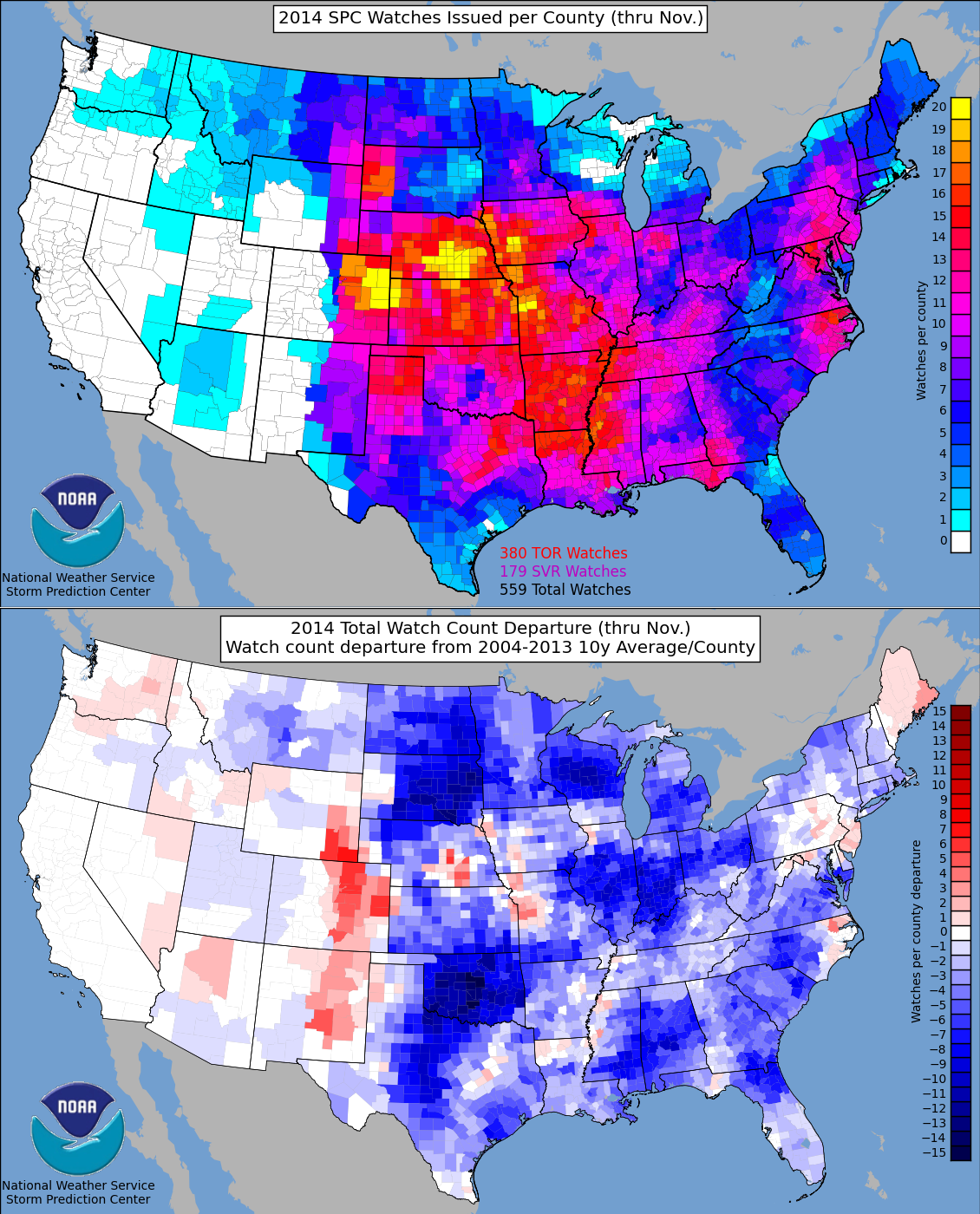 U.S. tornado watches issued in 2014 and the departure from the 10 year normal