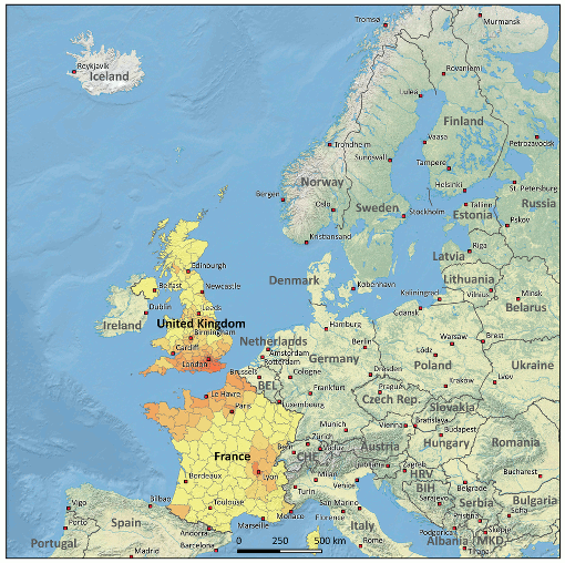European windstorm Dirk map showing market loss by Cresta Zone - Source: PERILS AG