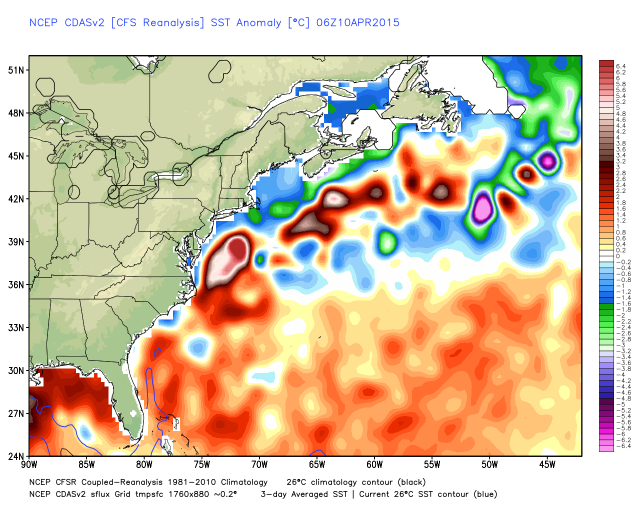 U.S. east coast sea surface temperature anomalies