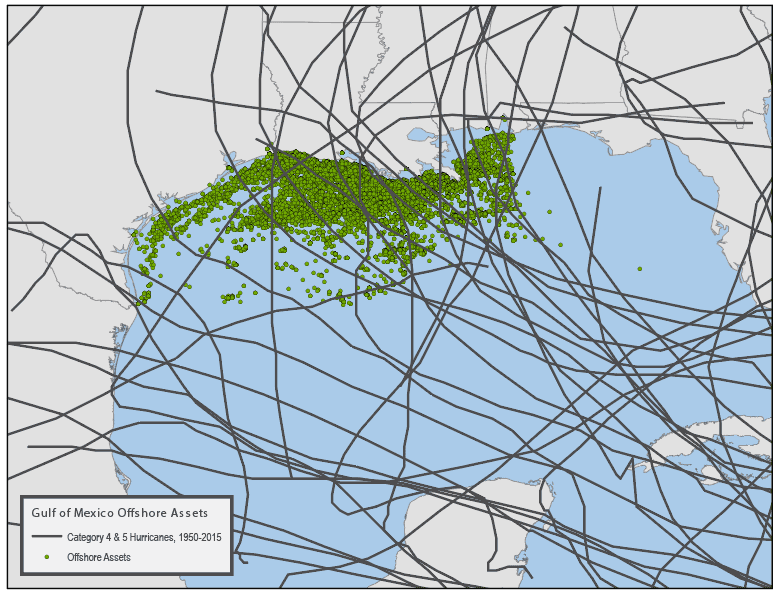 Tracks of all Category 4 or greater hurricanes since 1950 over the Gulf of Mexico and the locations of offshore assets. (Source: AIR)