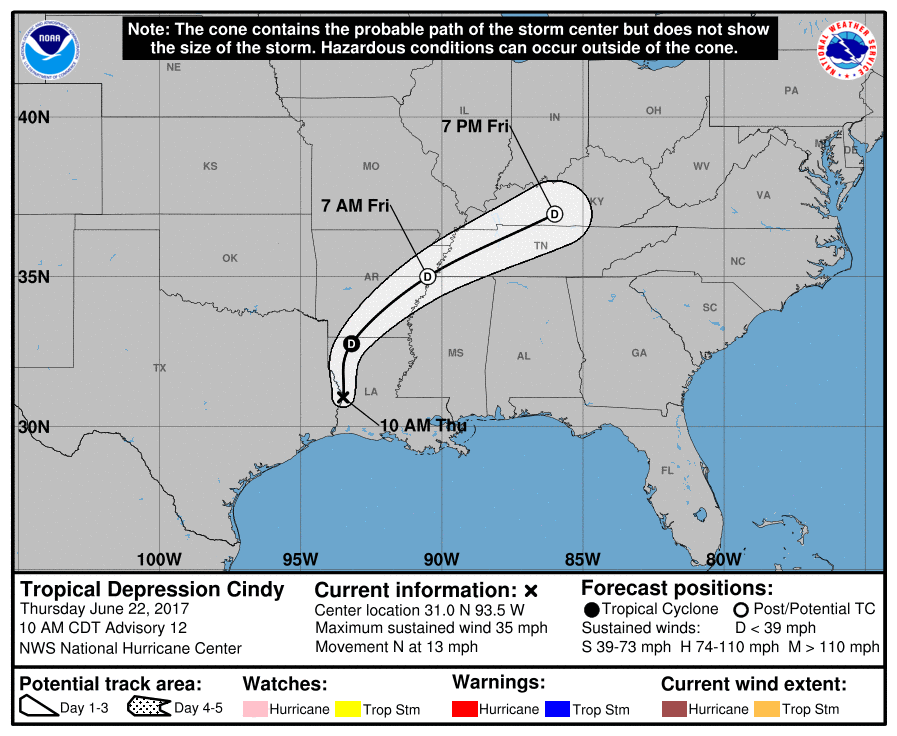 Tropical storm Cindy tracking map and forecast path