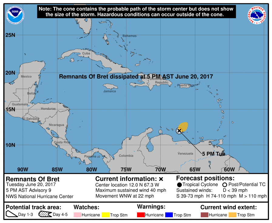 Tropical storm Bret tracking map and forecast path