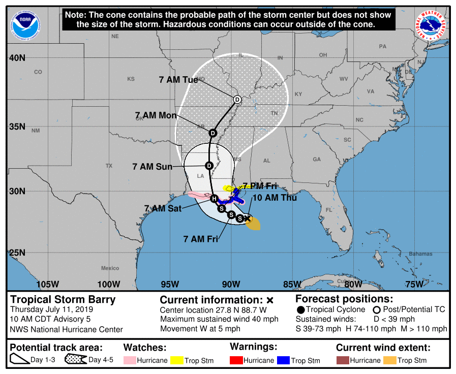 Tropical storm Barry forms. Torrential rain forecast, possible hurricane winds