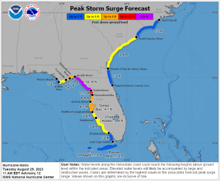 Hurricane Idalia peak storm surge forecast map
