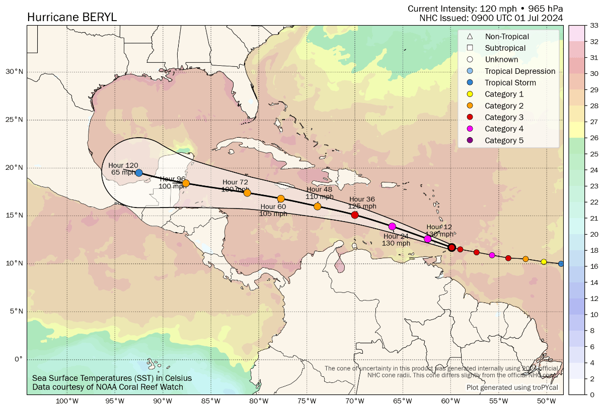 Hurricane Beryl tracking map and path